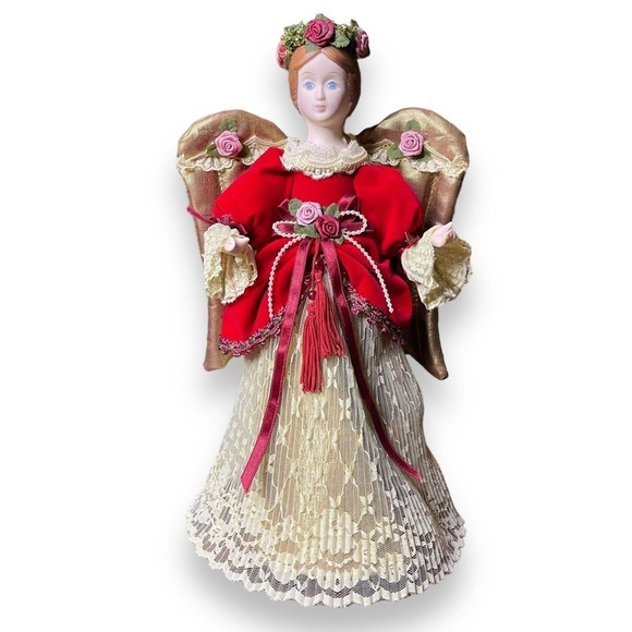 VTG Kurt Adler Angel Tree Topper Large Ornament 1990 Victorian Lace Red Ivory - Picture 1 of 14
